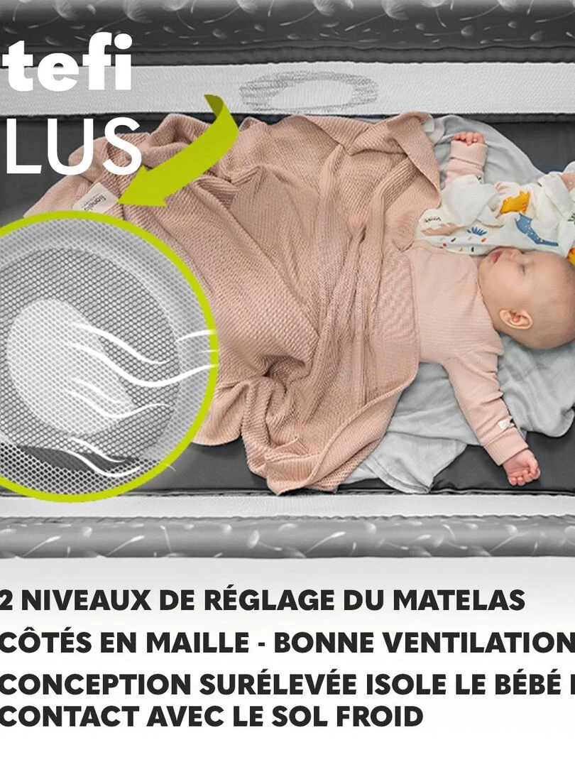 LIONELO Stefi Plus   Lit parapluie bébé 2en1   0 36 mois   Sac de Transport   125x65 cm   Roulettes   Gris Jaune