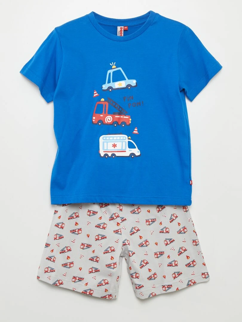 Pyjama court short + t shirt 'pompiers' 2 pièces Bleu