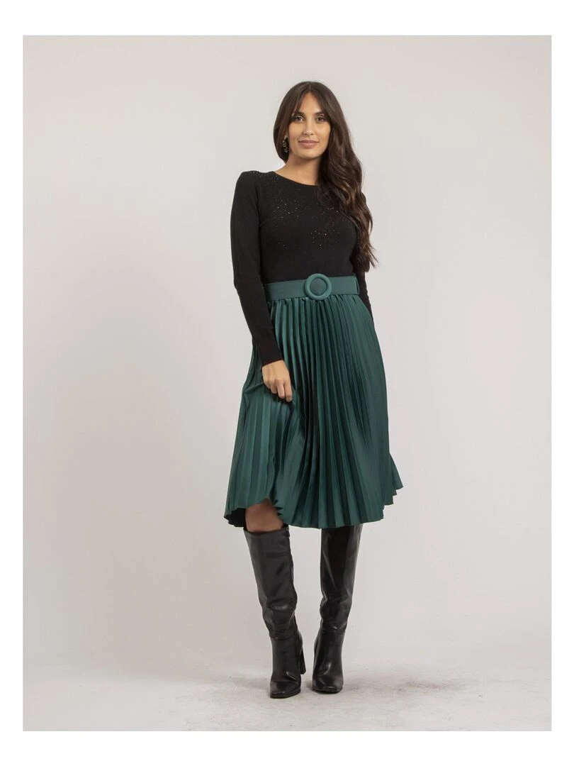 Jupe mi longue plissée satin et ceinture XOLIA   Vert forêt