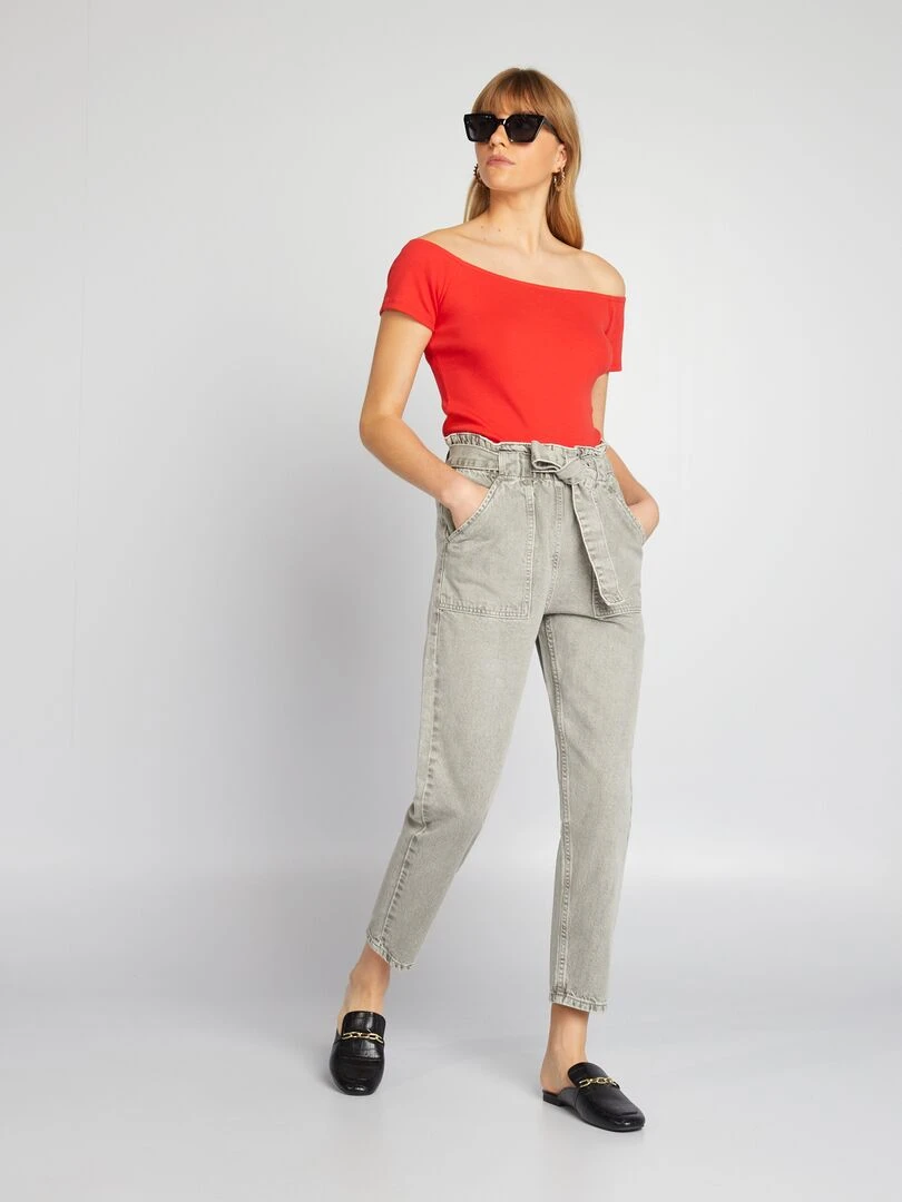 T shirt bardot en maille cotelée rouge
