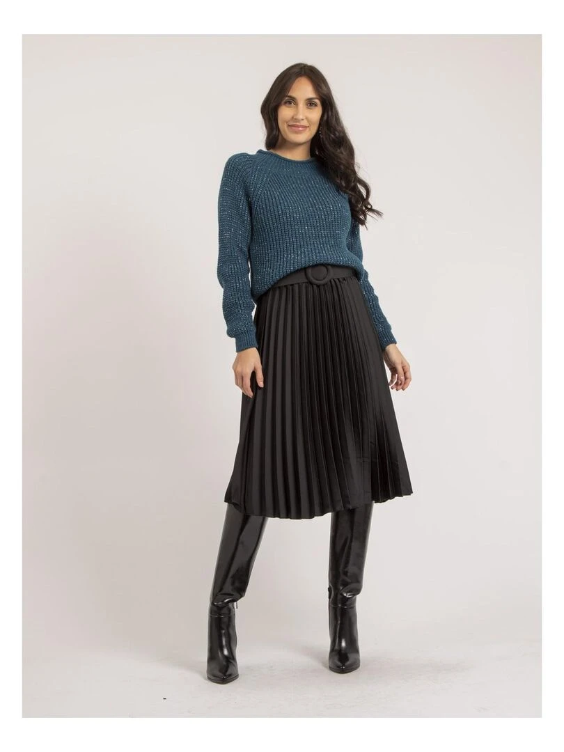 Jupe mi longue plissée satin et ceinture XOLIA   Noir