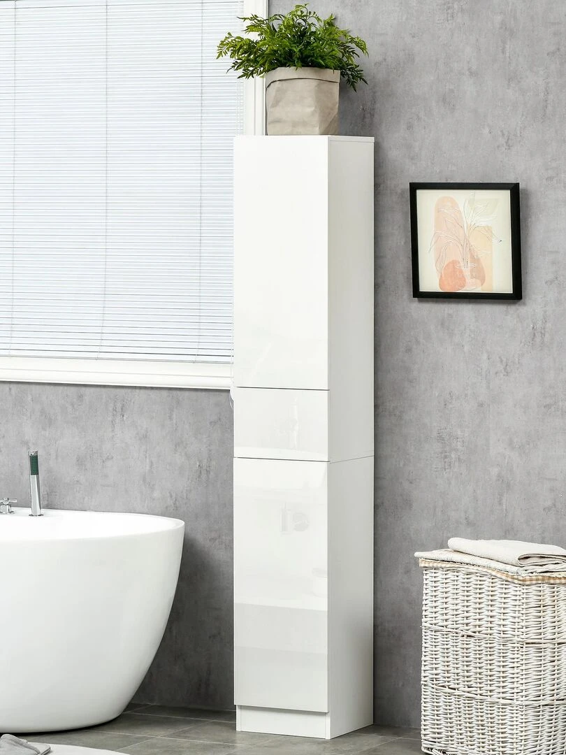 Meuble colonne salle de bain 2 portes 3 étagères tiroir façade blanc laqué Blanc