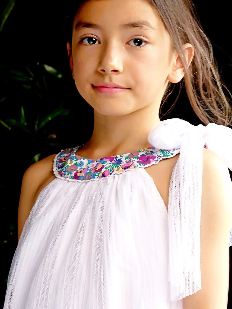 Robe Cérémonie Blanche Fille Col Fleuri Violet ALIZEE La Faute à Voltaire Blanc Violet