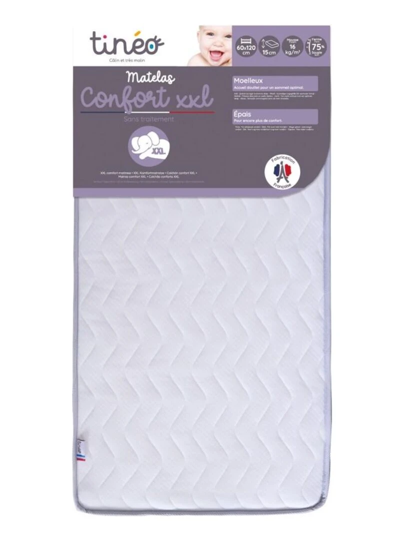 Matelas bébé Confort XXL 60 cm x 120 cm x 15 cm Blanc