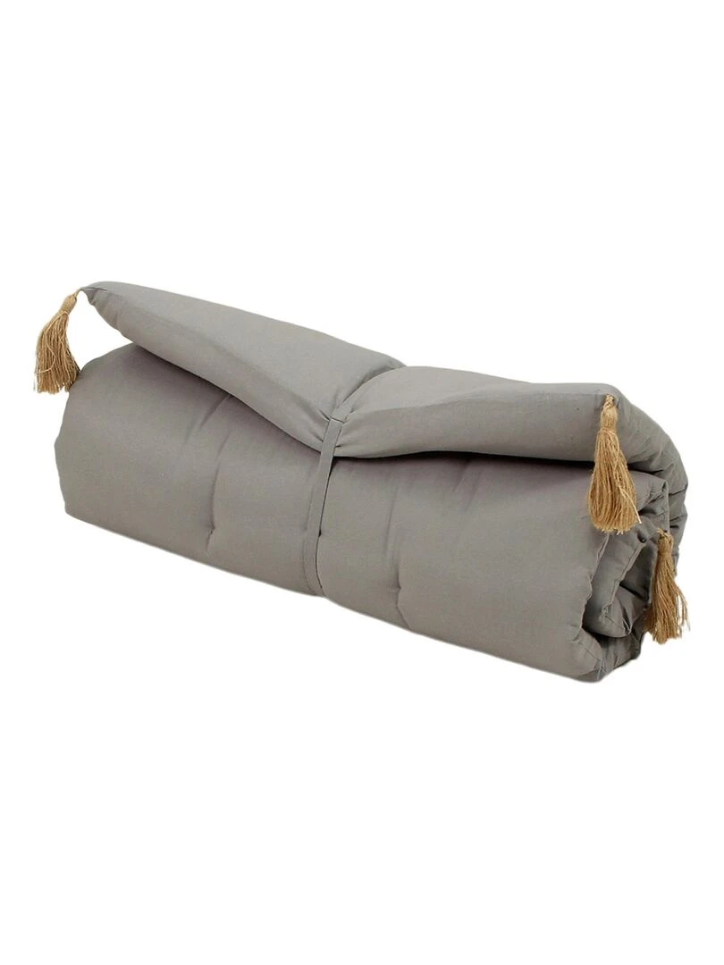 Futon coloré avec 4 pompons en jute Gris clair