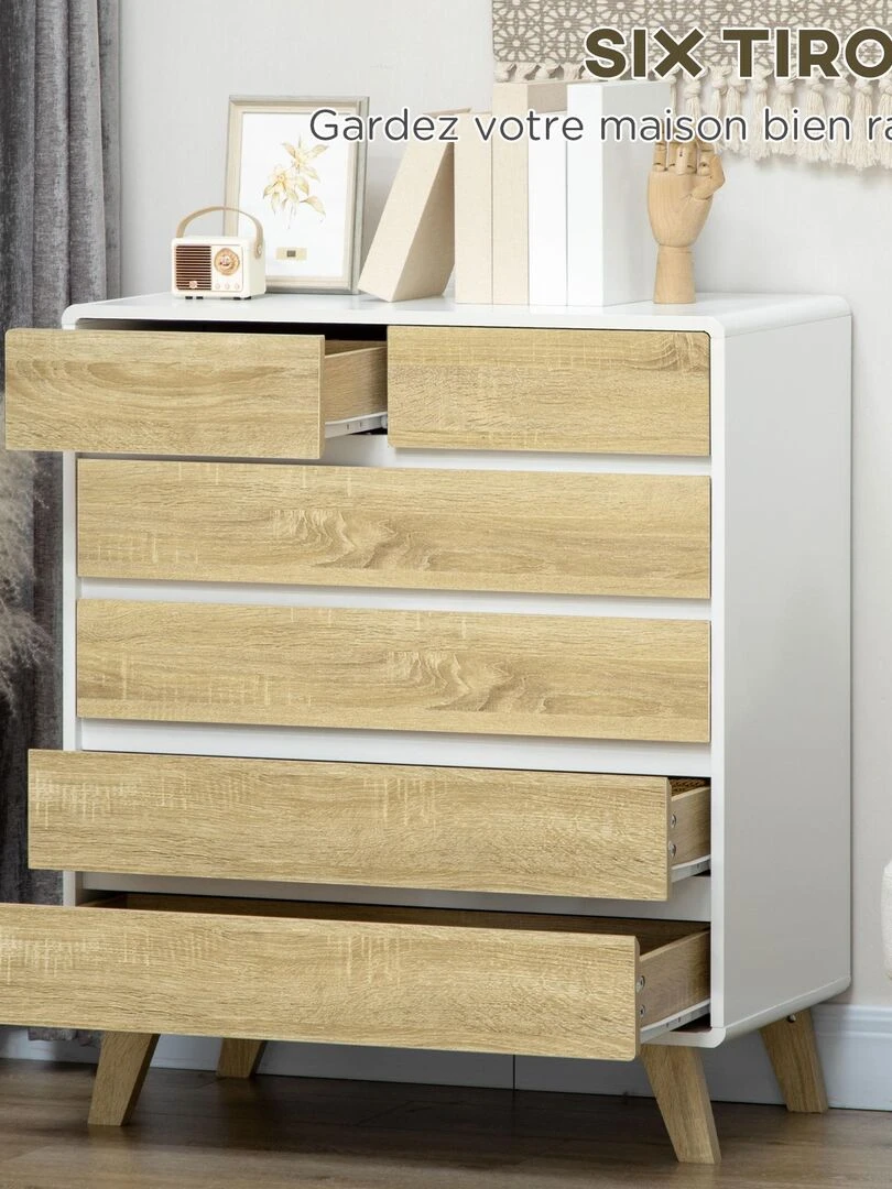 Commode scandinave sur pieds 6 tiroirs blanc aspect chêne clair   Beige