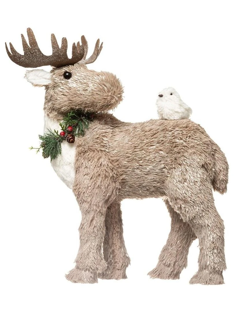 Décoration élan beige avec oiseau 42 cm Beige