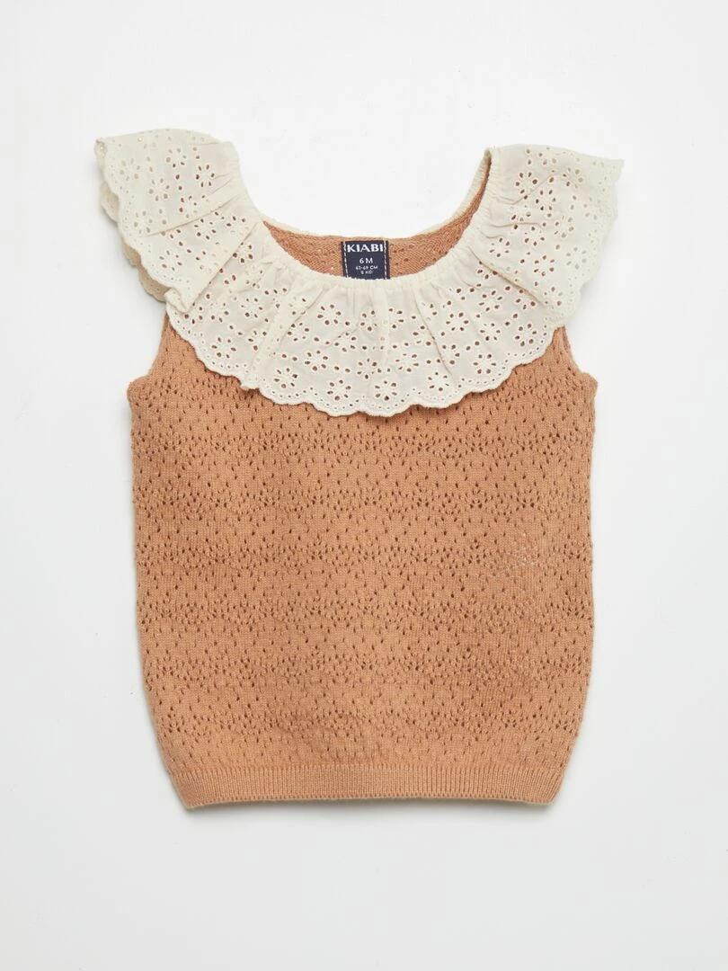Pull sans manches en broderie anglaise Marron