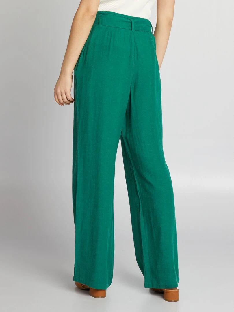 Pantalon large taille haute en lin   Vert