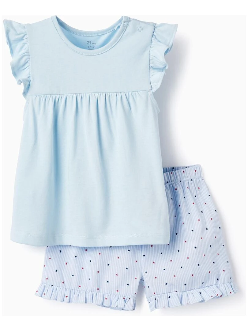 Pyjama En Coton Avec Étoiles Pour Bébé Fille manches courtes Bleu