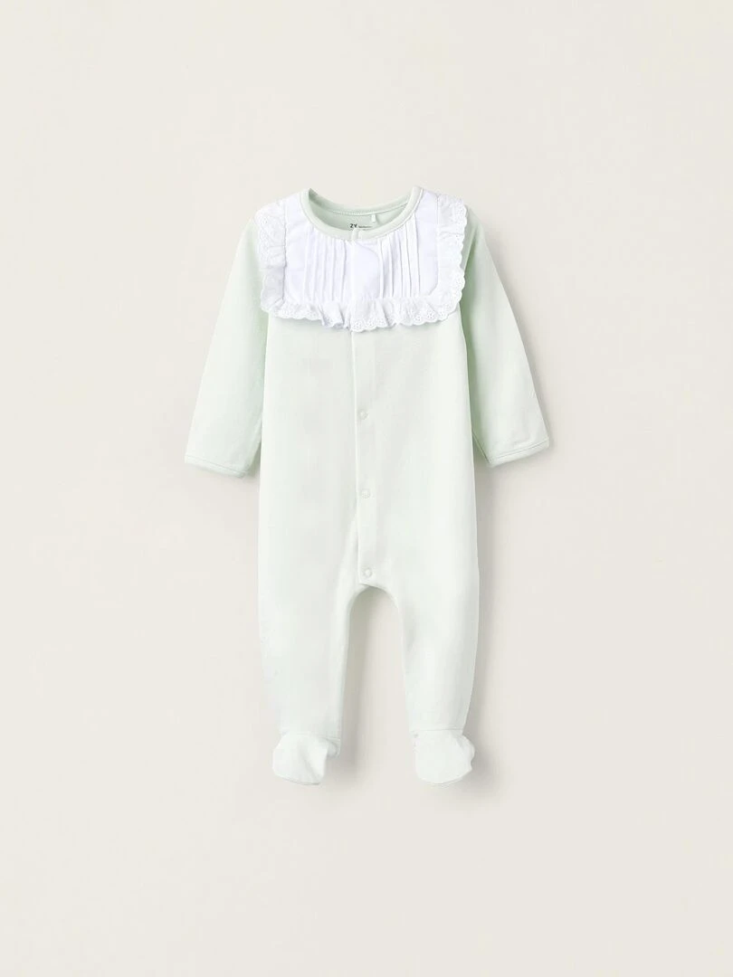 Grenouillère en Coton avec Broderie Anglaise pour Nouveau Née Bleu clair