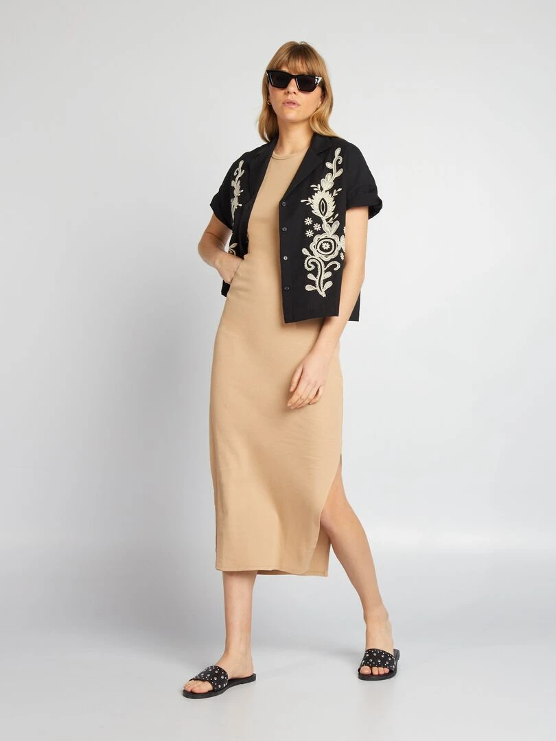 Robe longue en maille côtelée Beige