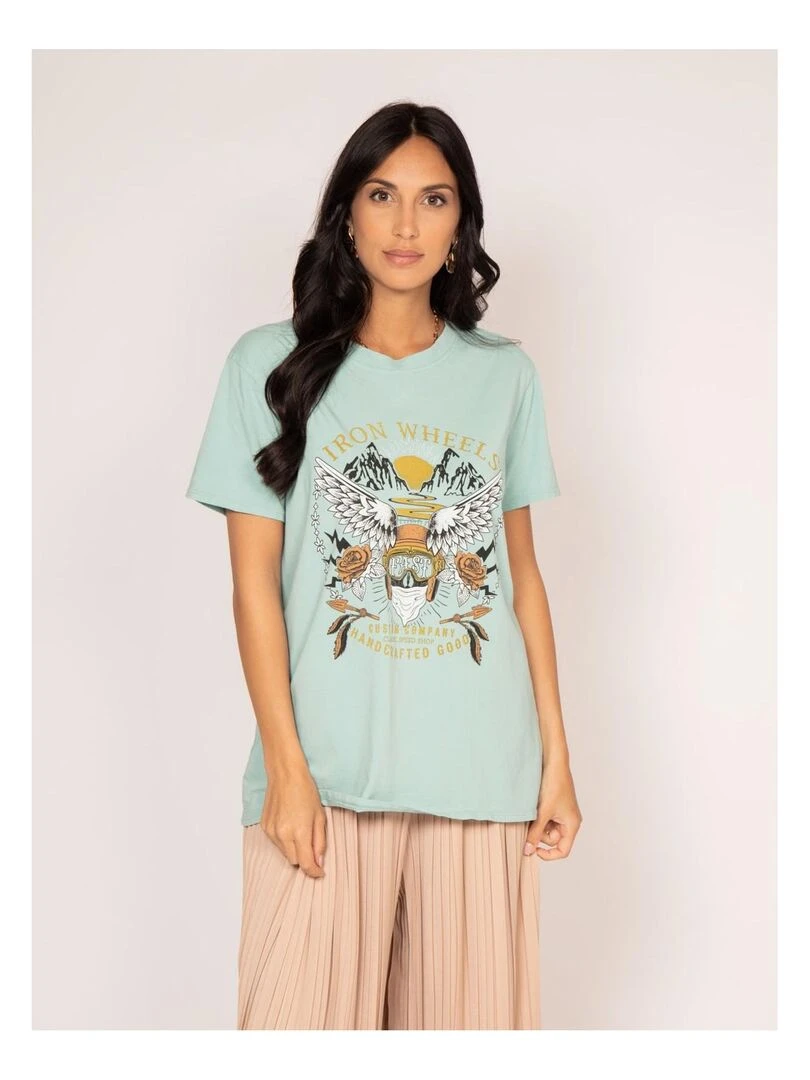 T shirt col rond motifs FAIGLE Vert d'eau