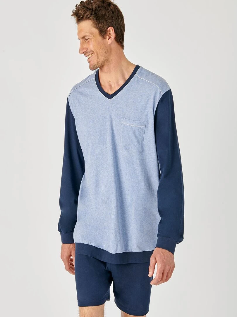 Pyjama 3 pièces short et pantalon jersey pur coton peigné   Damart   Bleu marine