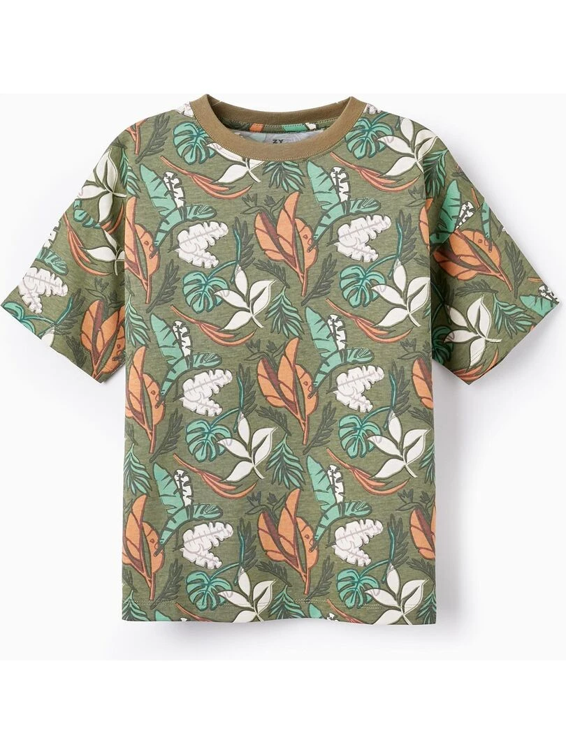 T SHIRT Estampée en Coton pour Garçon 'Feuilles' manches courtes Vert foncé