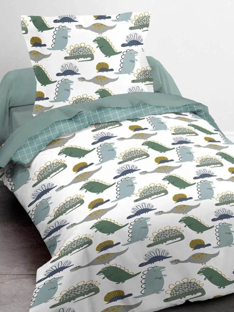 Housse de couette 140x200 Kids Happy Dinorama + 1 taie 100% coton 57 fils Vert