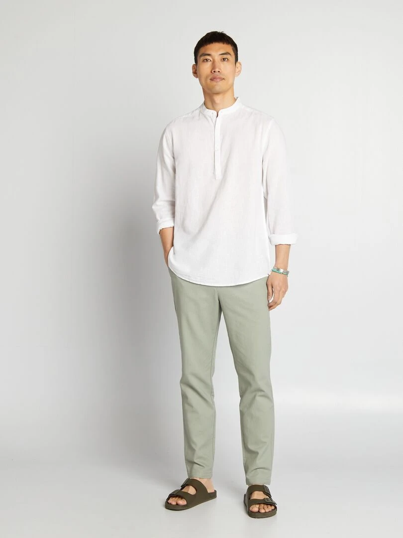 Chemise droite à col mao en lin mélangé blanc