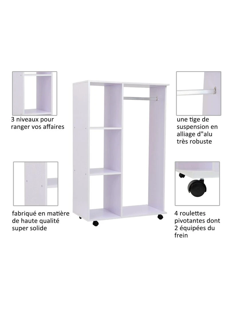 Armoire de rangement penderie à roulettes   Blanc