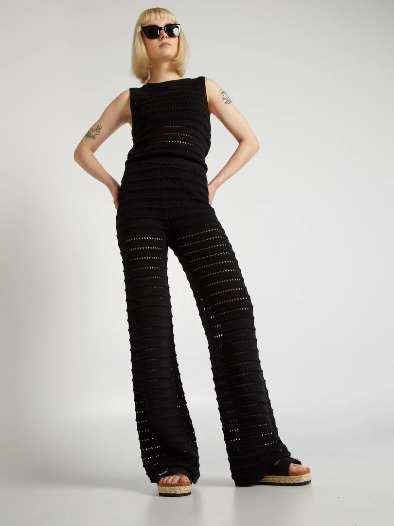 Pantalon large à taille élastiquée en maille ajourée noir