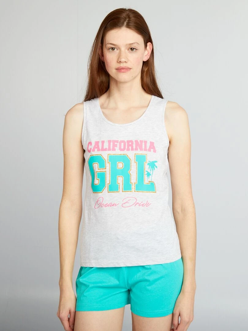 Pyjama court inscription ‘California’ 2 pièces gris/vert