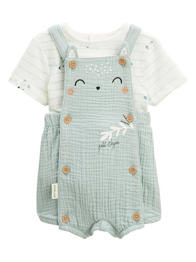 Ensemble salopette bébé en gaze de coton et t shirt Kimi Bleu