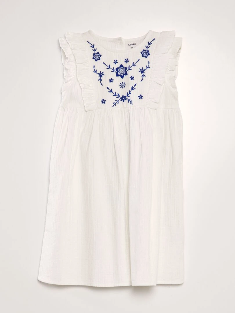 Robe en coton dobby volantée et brodée blanc