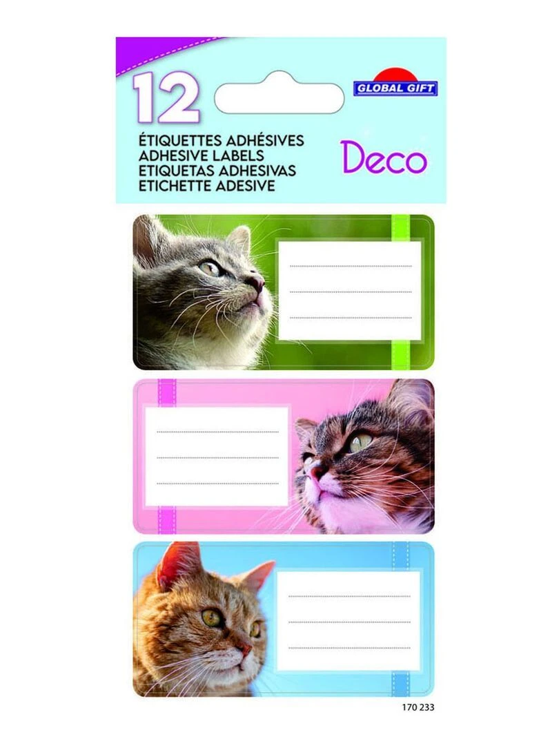 12 étiquettes adhésives scolaires Rectangle Photos de chats N/A