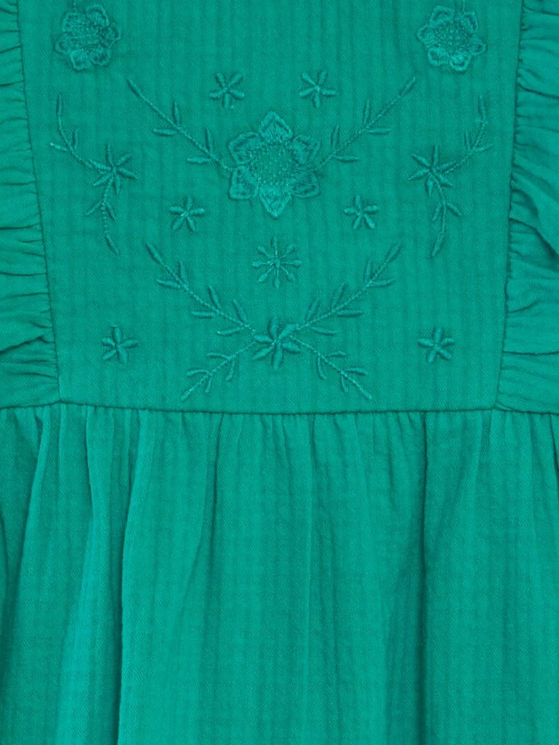 Robe en coton dobby volantée et brodée   Vert