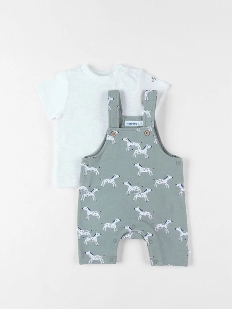 Set salopette zèbres + t shirt écru/eucalyptus Noukie's Vert