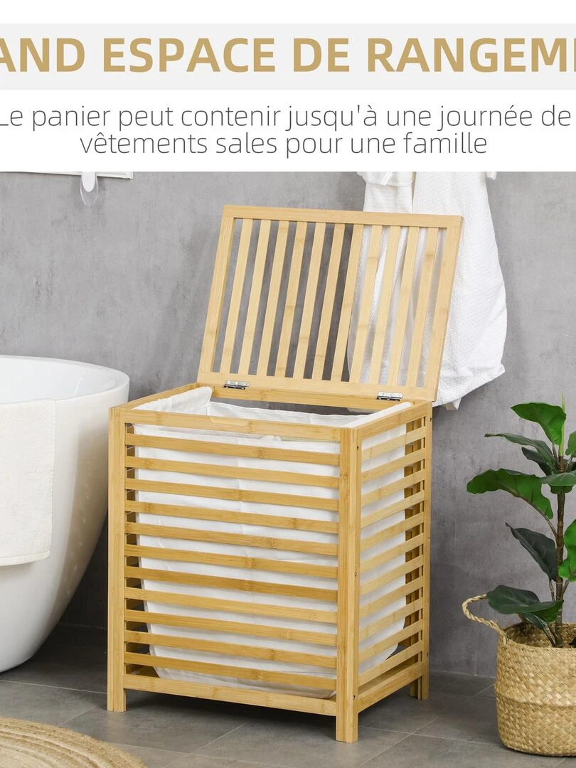 Panier à linge   sac en tissu amovible  couvercle   bambou verni   Beige