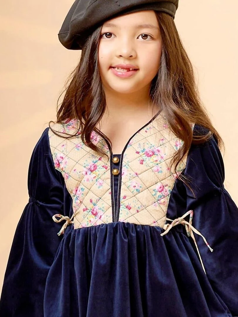 Robe Hiver Fille Velours Bleu Marine Fleurie Beige Rose MARGOT 'LA FAUTE A VOLTAIRE' Bleu marine