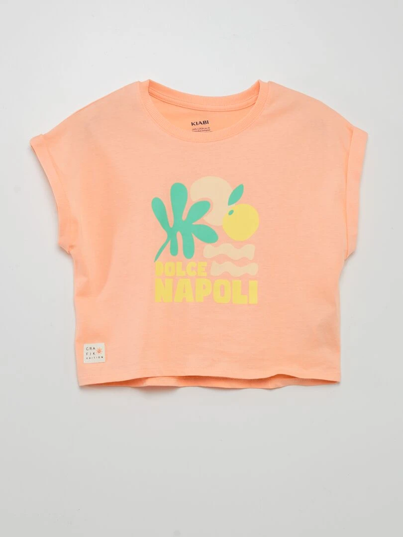 T shirt en jersey avec revers de manches   Orange