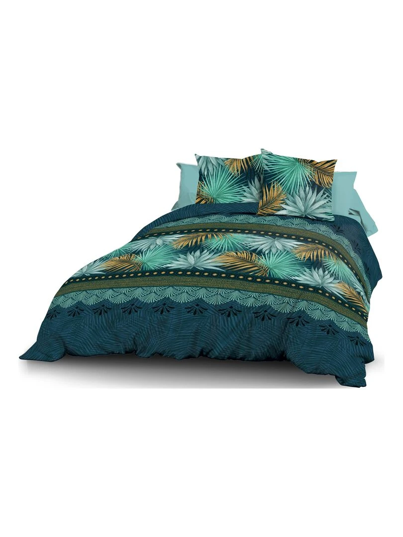 Parure Drap plat + drap housse 140x190 + 2 T Pur coton 57 fils Paraiso Bleu