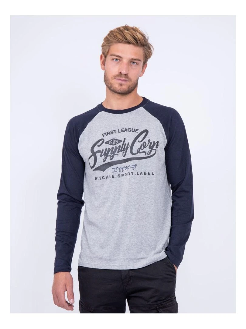 T shirt manches longues col rond pur coton JANDAT Bleu marine
