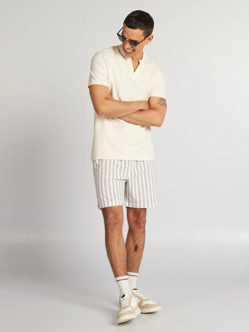 Short à rayures en lin mélangé Beige