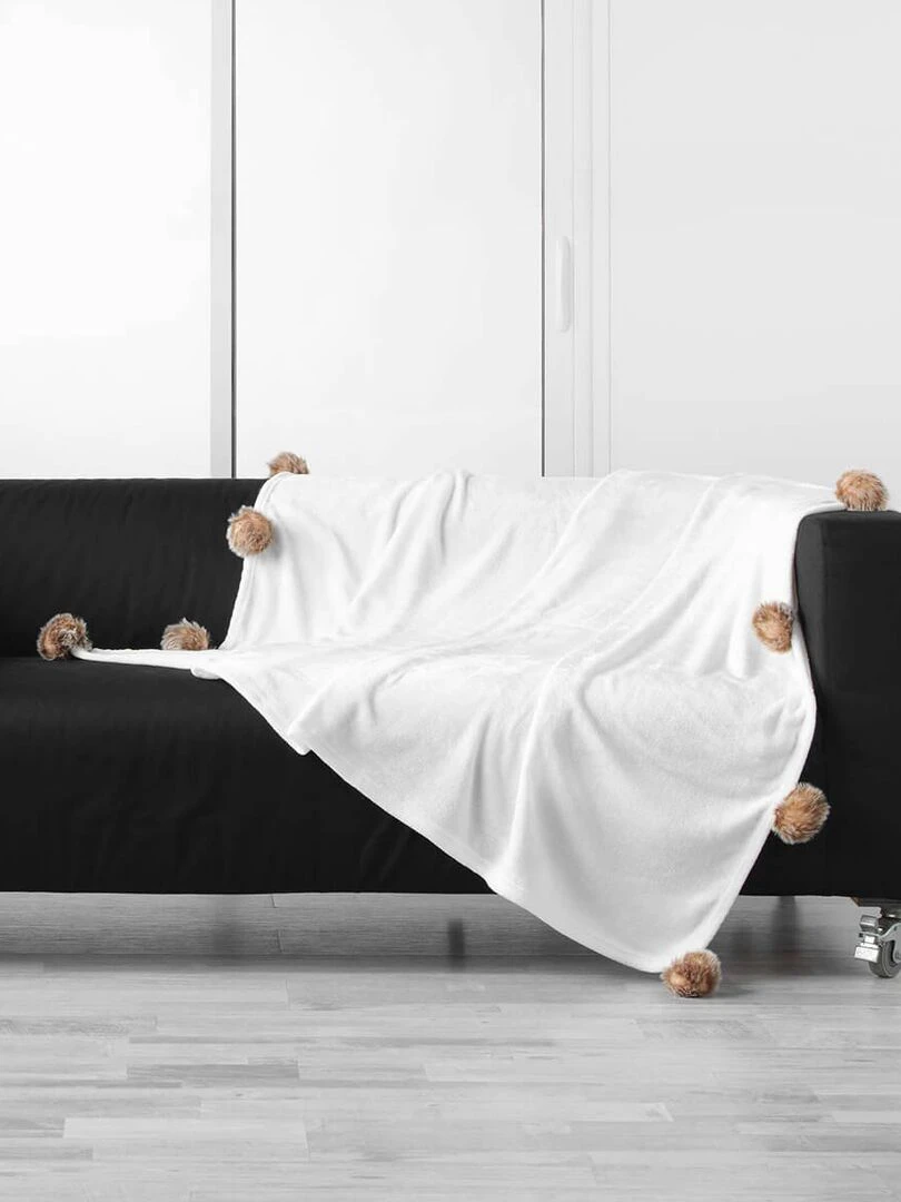 Plaid à pompons 125x150 cm flanelle unie Snowy naturel Blanc
