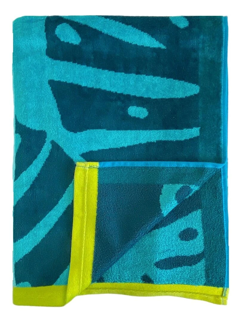 Serviette de plage éponge velours Jacquard Monstera 90x170 400g/m²   Bleu canard