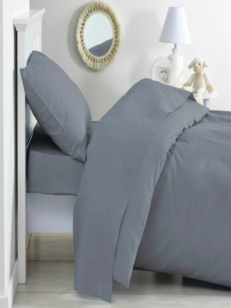 Parure de lit housse de couette 100x140 cm + taie 40x60 cm Coton Bio 'P'tit Basile' Gris foncé