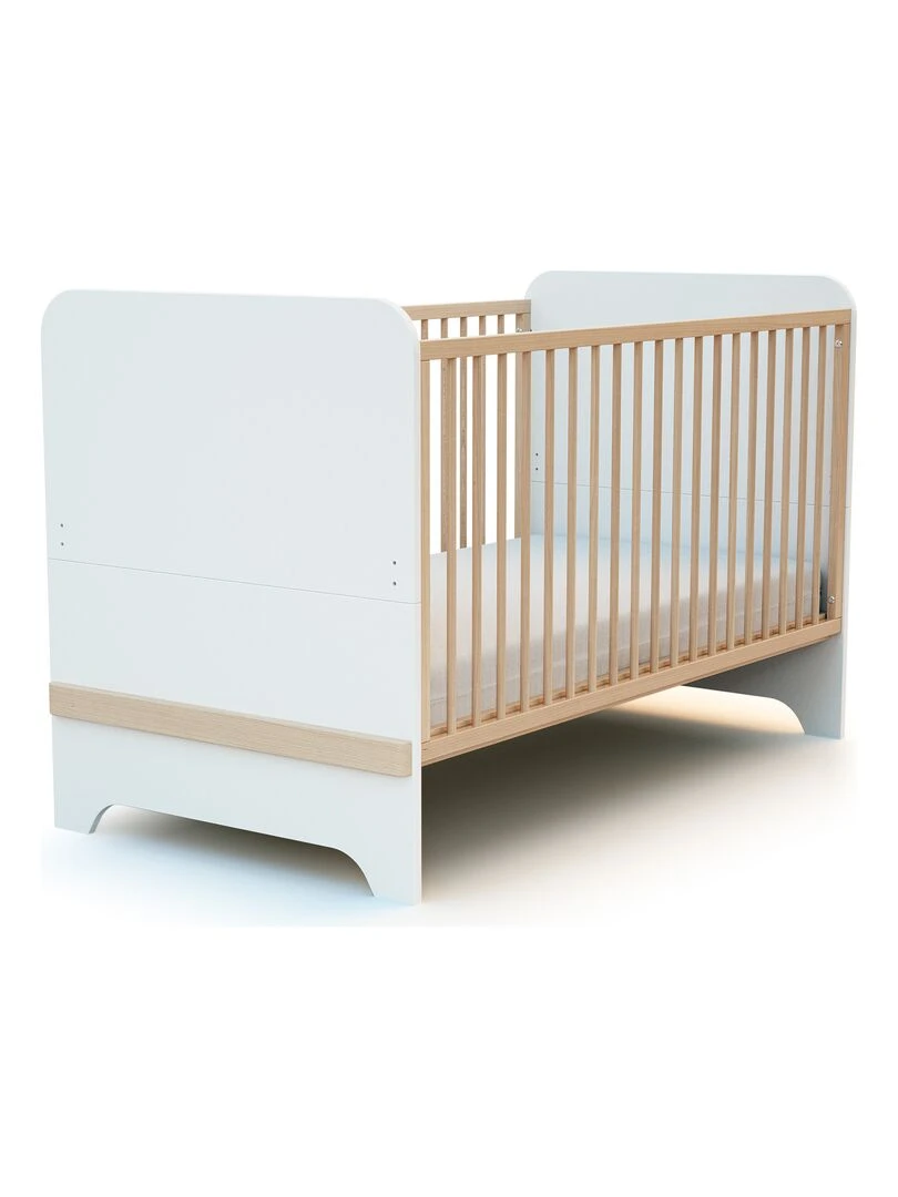AT4 Lit Évolutif 70x140cm CARROUSEL Blanc et Hêtre Verni Marron foncé