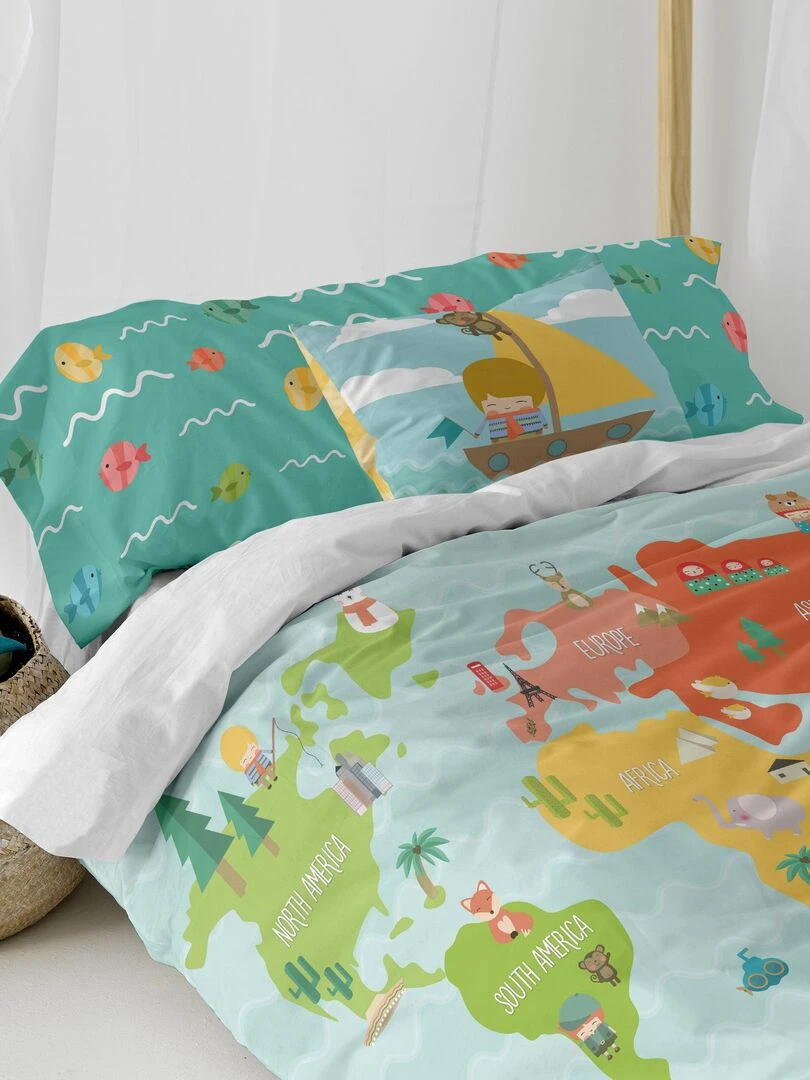 Parure housse de couette 2 pièces World map "Happyfriday"   Blanc