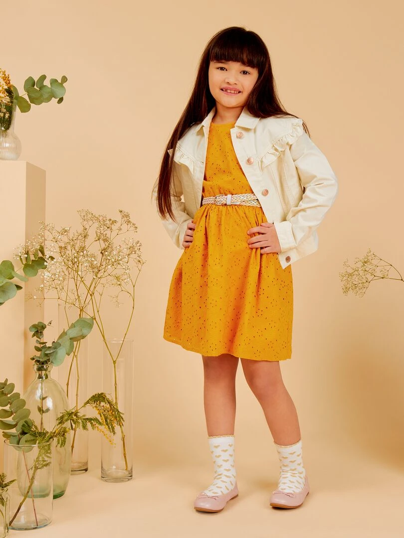 Robe en broderies anglaises   Jaune moutarde