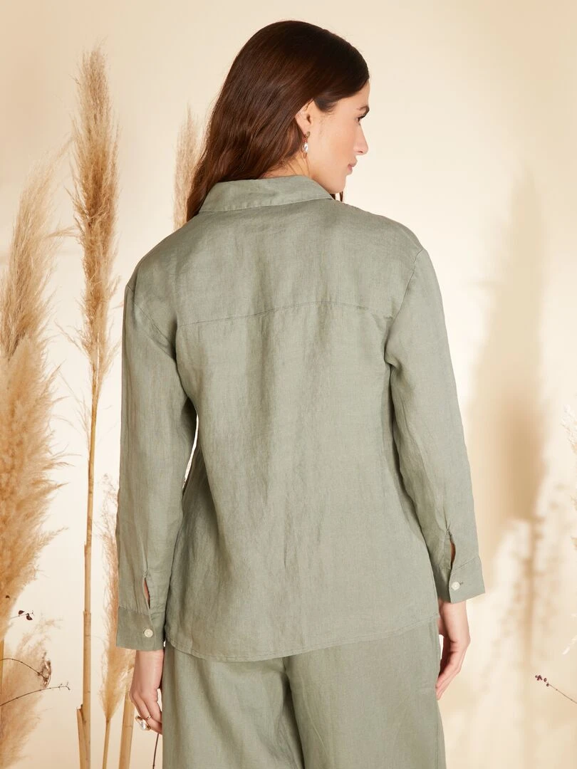 Chemise ample en lin à manches longues   Kaki