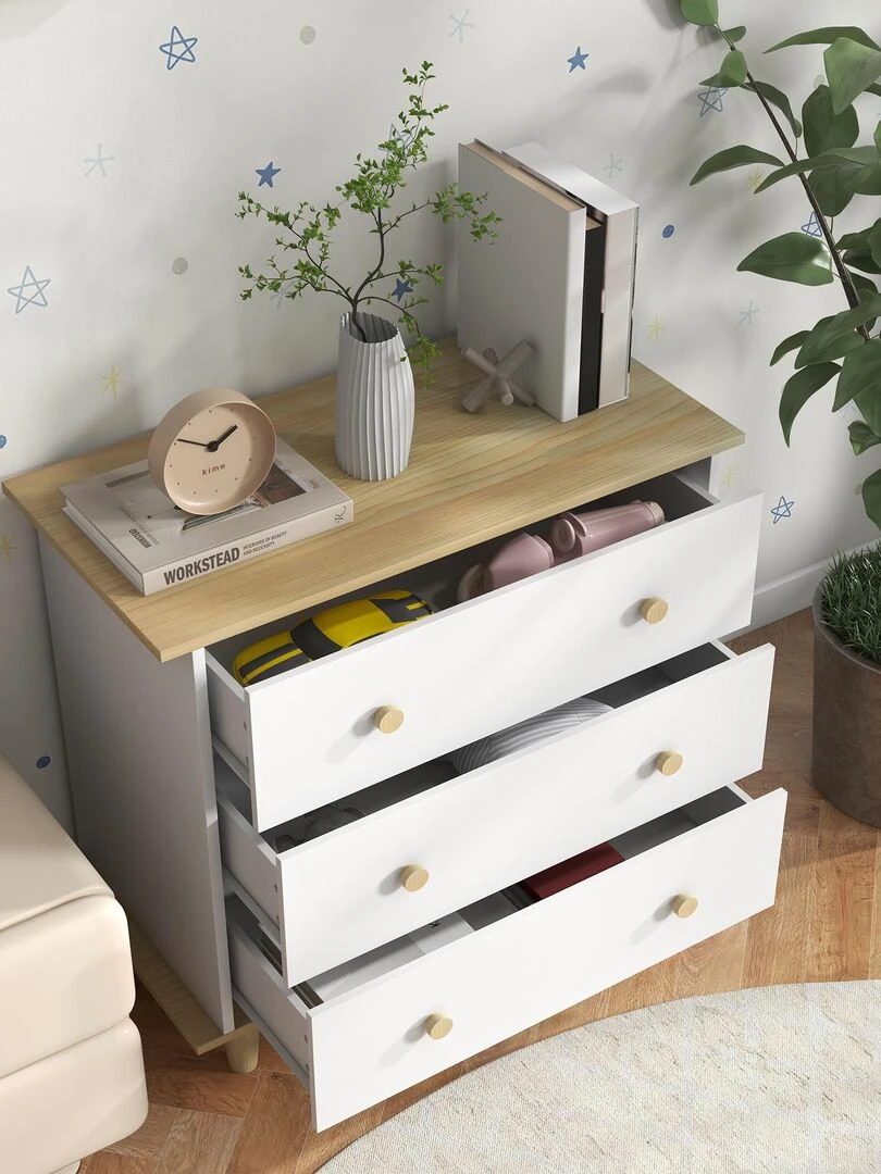 Commode design scandinave 3 tiroirs bois blanc aspect bois clair   Blanc