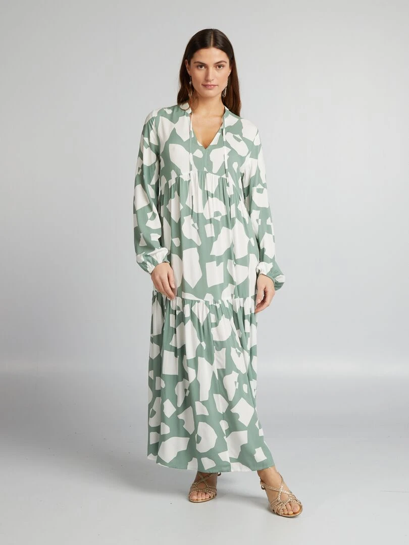 Robe midi imprimé col tunisien   Vert