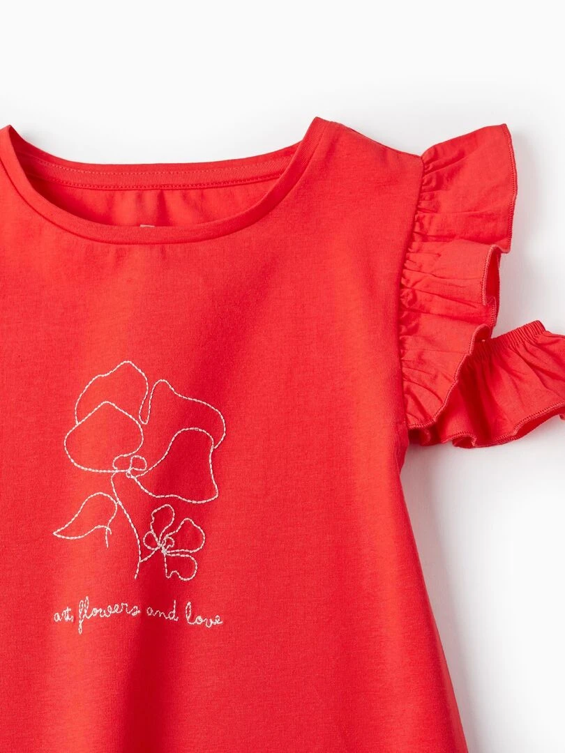 T Shirt En Coton à Volants Pour Fille 'Fleurs' manches courtes PICASSO   Rouge
