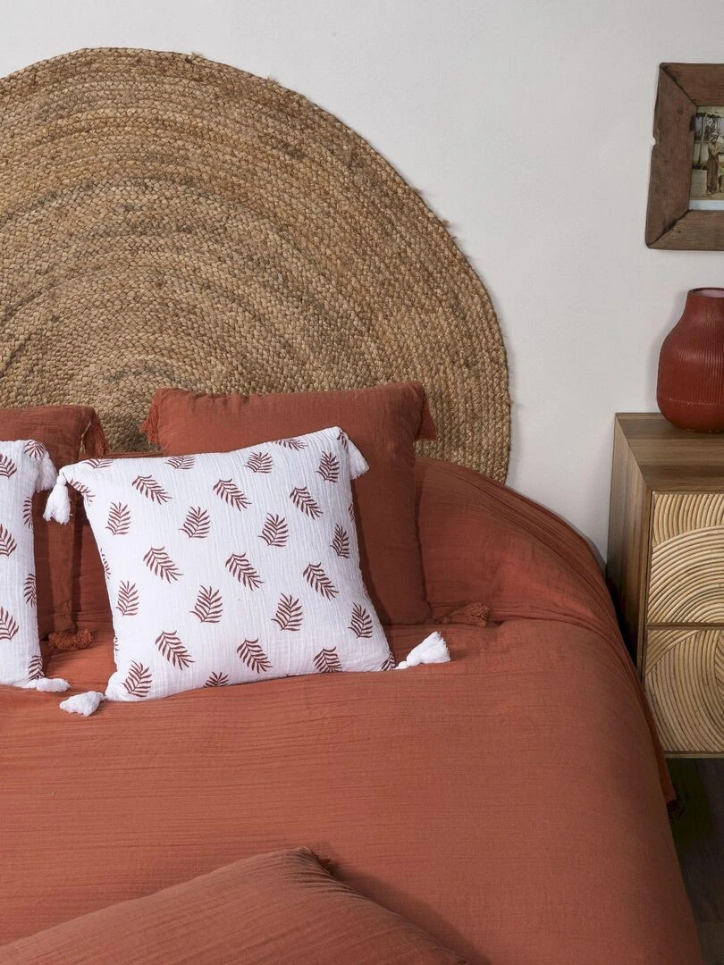 Coussin en double gaze de coton avec imprimé feuillage 'Deko&co'   Blanc Rouge