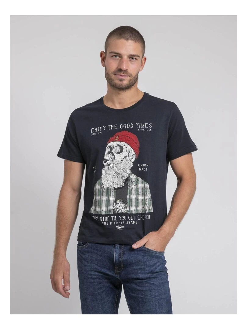 T shirt col rond pur coton JORUSTIX Bleu marine