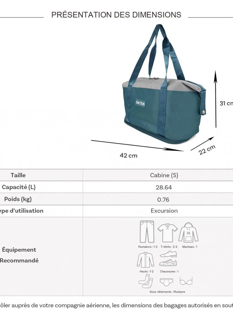 Sac de voyage week end 28L déperlant sans roulettes   Vert