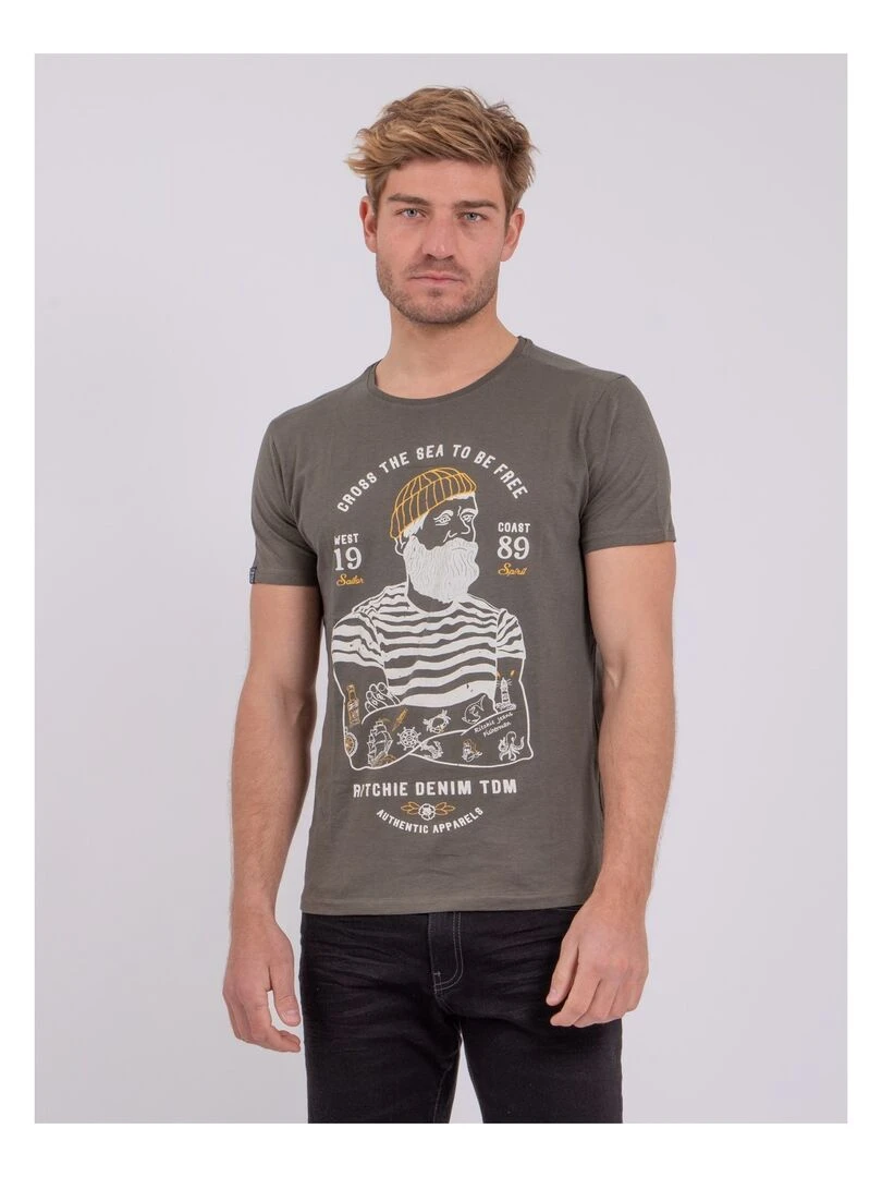 T shirt manches courtes col rond pur coton NUPLATON Kaki
