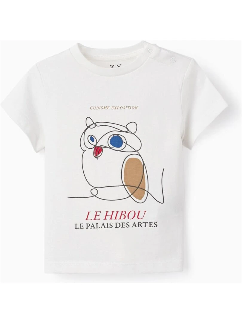 T shirt En Coton Pour Bébé Garçon 'Chouette' manches courtes Blanc